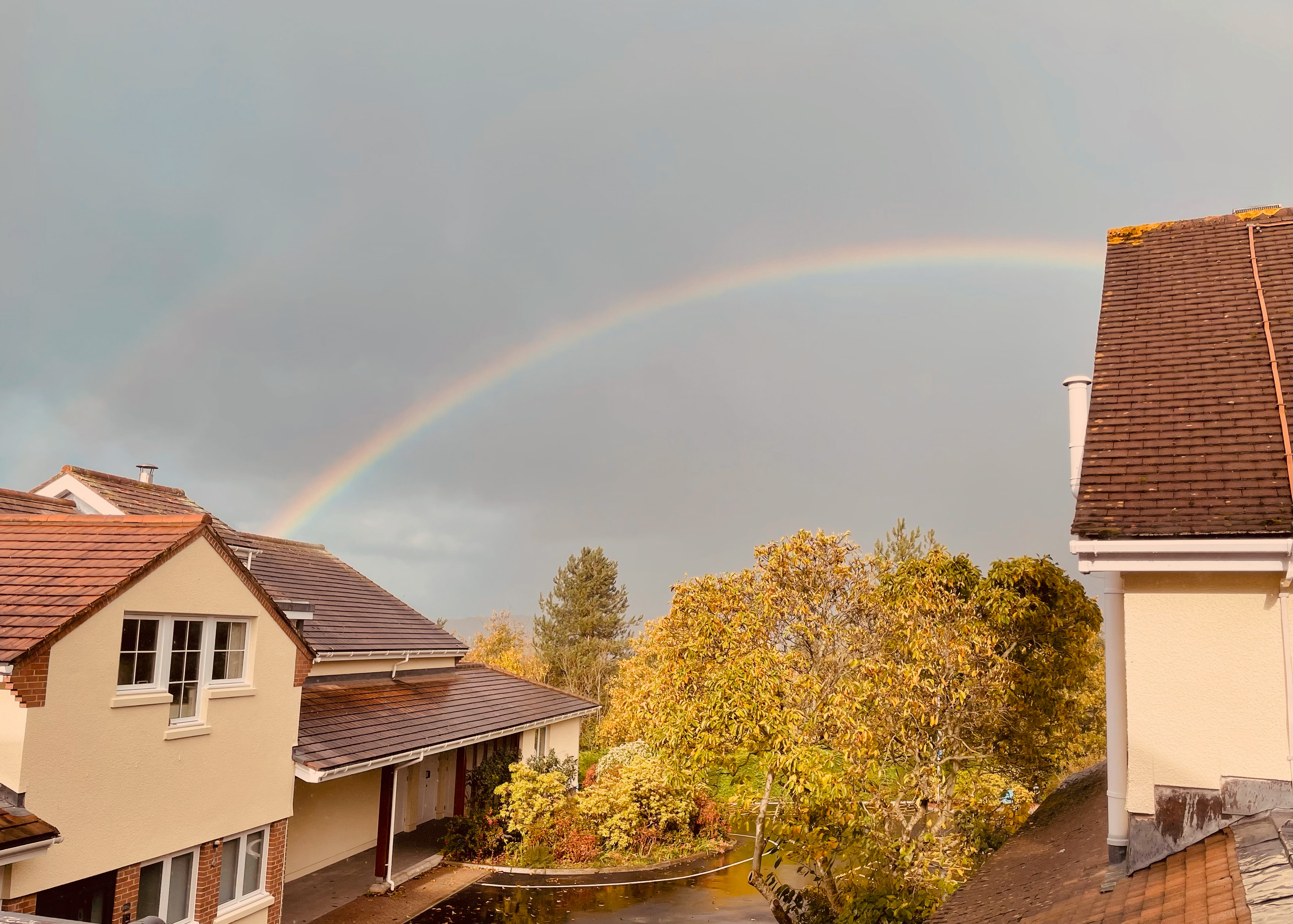 Outside of the hospice building showing trees, with grey skies and a rainbow visible