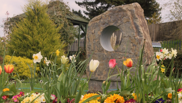 Large stone with hole in the centre, surrounded by colourful tulips, daffodils and other foliage in the garden